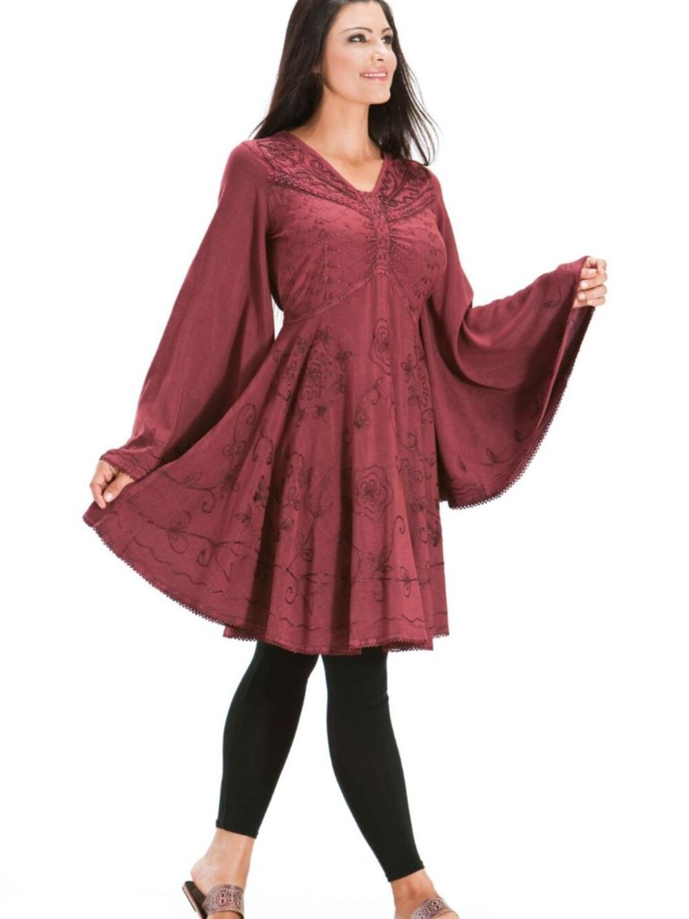 Holyclothing Ariana Burgundy Wine bell sleeve tie kimono tunic Embroidered top